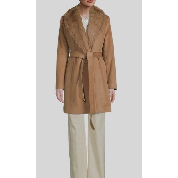 Sofiacashmere Women's Wool Blend & Shearling Wrap Coat Camel Sz12 - Picture 7 of 7